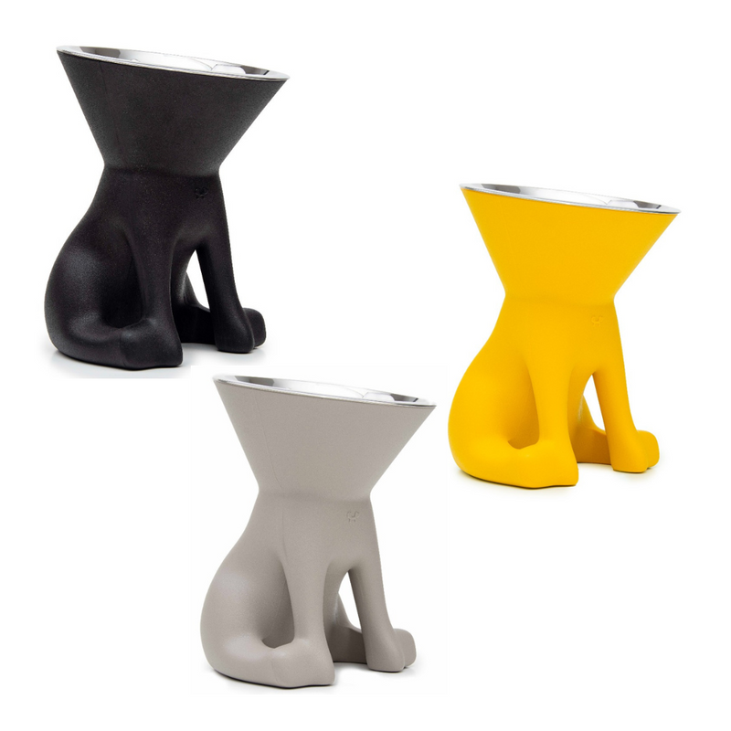 Favaretto & Partnersin ja United Petsin suunnittelema Dove Gray, Jet Black & Saffram Yellow väriset koiran ruokakulhot