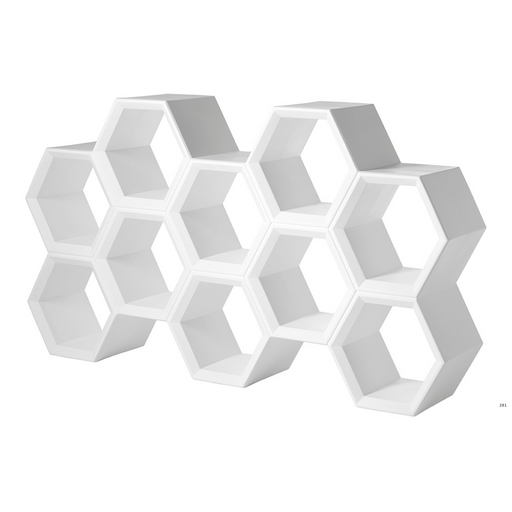 Taeke Halman suunnittelema sulavalinjainen HEXA design hyllykkö Milky White värillä.