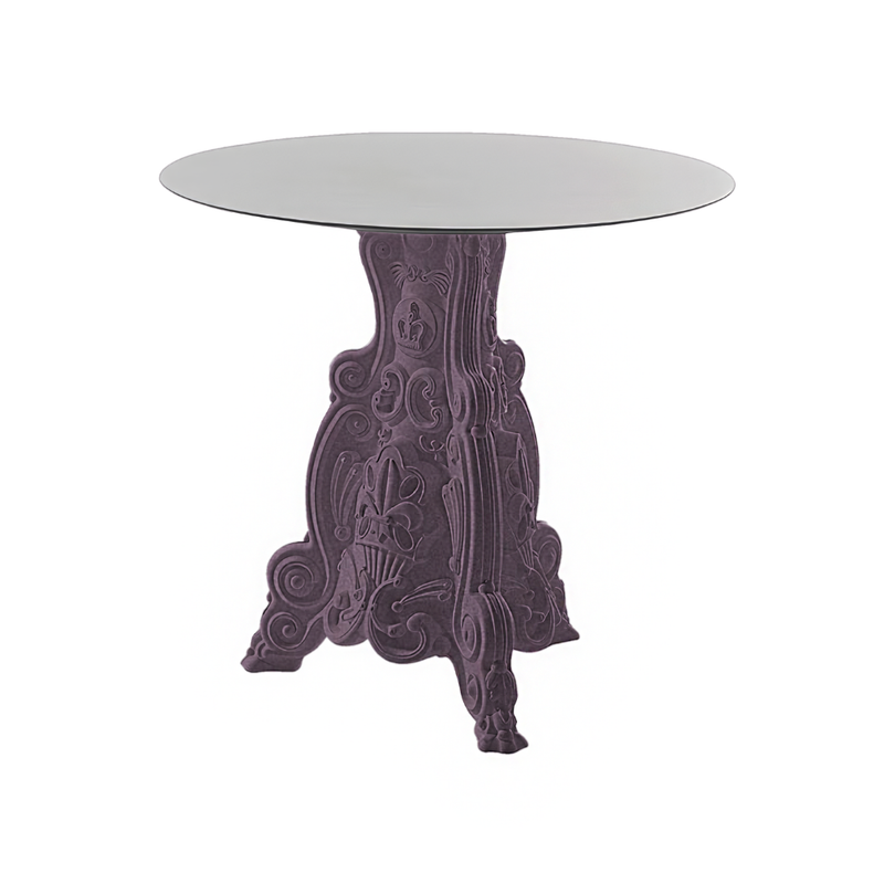 Moro & Pigattin suunnittelema hulvaton koristeellinen LORD OF LOVE design Pöytä Violetti Iris Violet värisellä jalustalla.