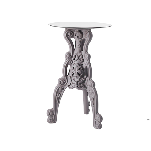 Moro & Pigattin suunnittelema hulvaton koristeellinen MASTER OF LOVE Harmaa Korkea pöytä Pyöreällä pöytälevyllä Argil Grey värisellä jalustalla.