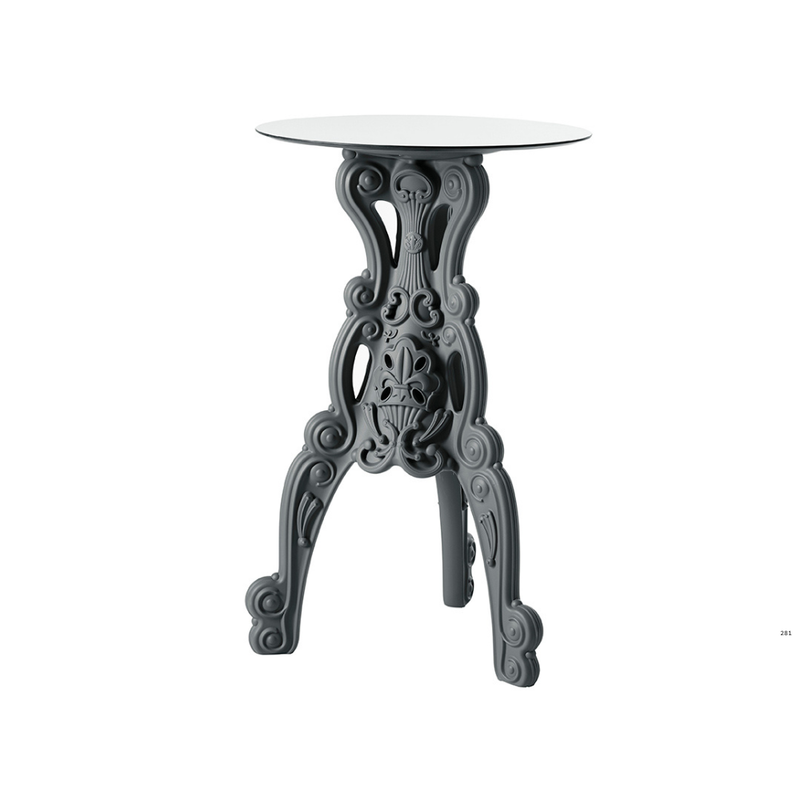 Moro & Pigattin suunnittelema hulvaton koristeellinen MASTER OF LOVE Harmaa Korkea pöytä Pyöreällä pöytälevyllä Elephant Grey värisellä jalustalla.