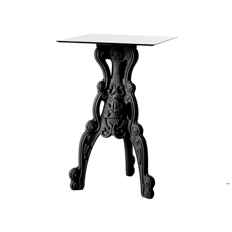 Moro & Pigattin suunnittelema hulvaton koristeellinen MASTER OF LOVE Musta Korkea pöytä Neliöllä pöytälevyllä Jet Black värisellä jalustalla.