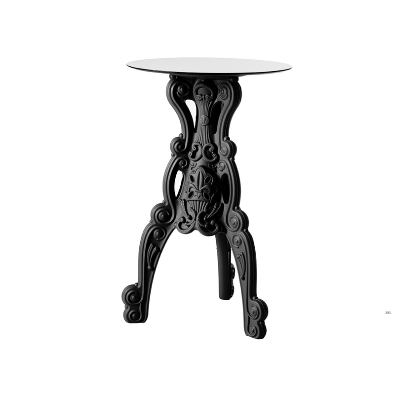 Moro & Pigattin suunnittelema hulvaton koristeellinen MASTER OF LOVE Musta Korkea pöytä Pyöreällä pöytälevyllä Jet Black värisellä jalustalla.