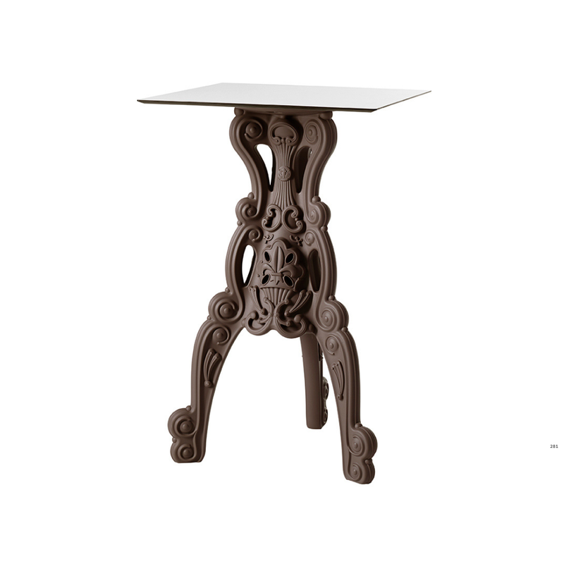 Moro & Pigattin suunnittelema hulvaton koristeellinen MASTER OF LOVE Ruskea Korkea pöytä Neliöllä pöytälevyllä Chocolate Brown värisellä jalustalla.