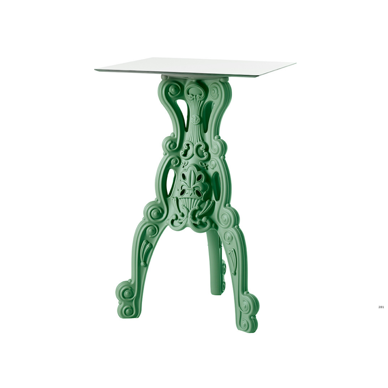 Moro & Pigattin suunnittelema hulvaton koristeellinen MASTER OF LOVE Vihreä Korkea pöytä Neliöllä pöytälevyllä Malva Green värisellä jalustalla.
