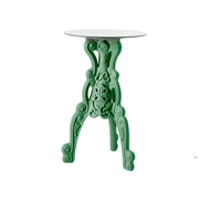 Moro & Pigattin suunnittelema hulvaton koristeellinen MASTER OF LOVE Vihreä Korkea pöytä Pyöreällä pöytälevyllä Malva Green värisellä jalustalla.